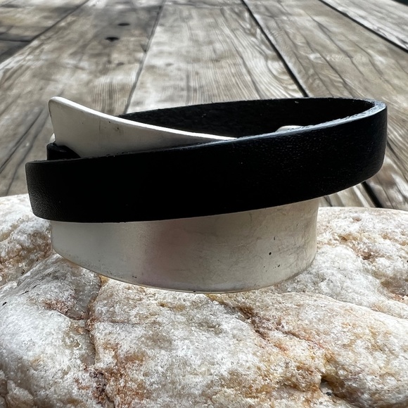 New Leather + Silver Metal Modern Wrap Bracelet Black Satin Distressed Finish - Picture 2 of 10